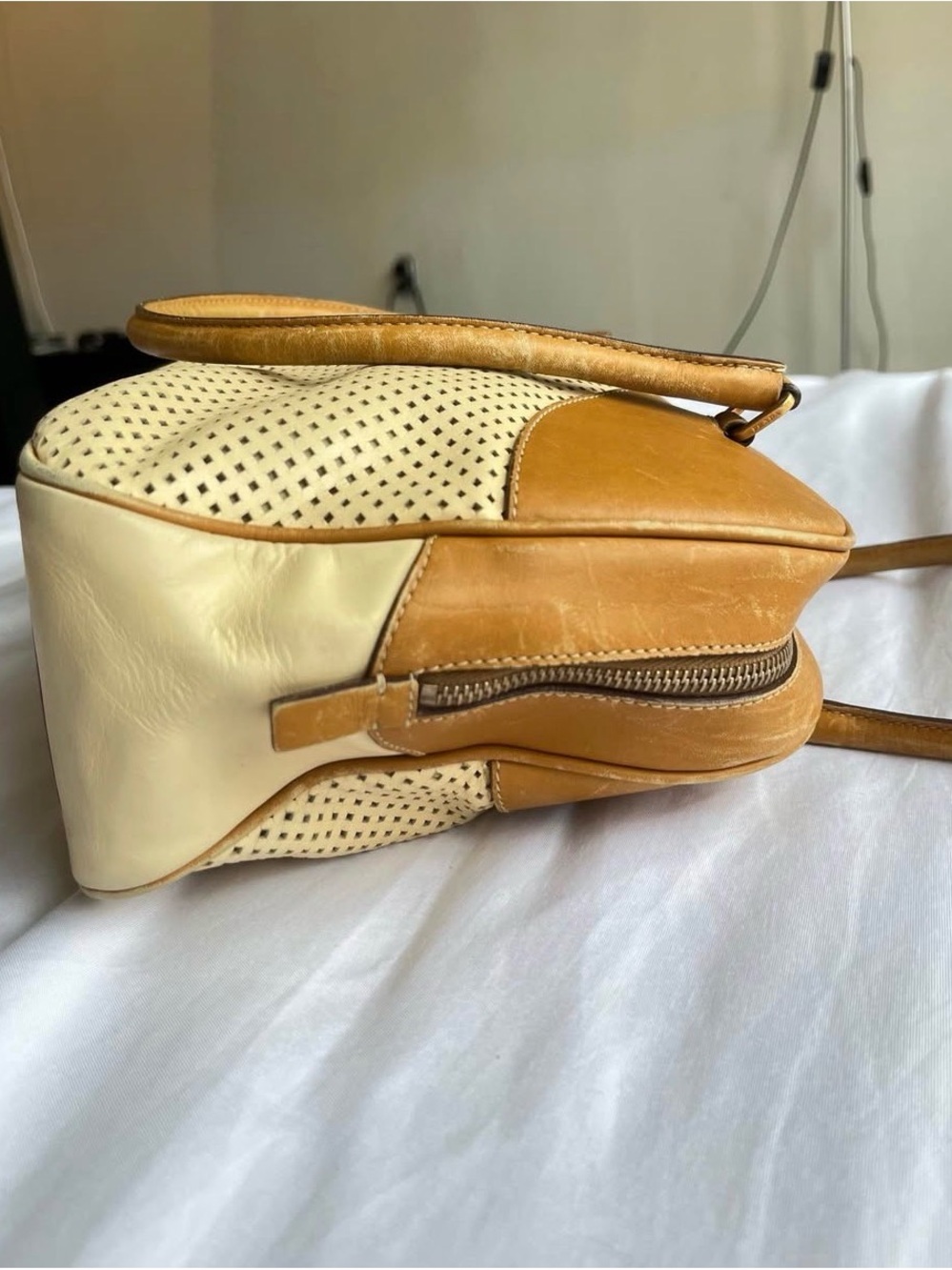 Prada Tan and Cream Perforated Shoulder Bag - Picture 4 of 8